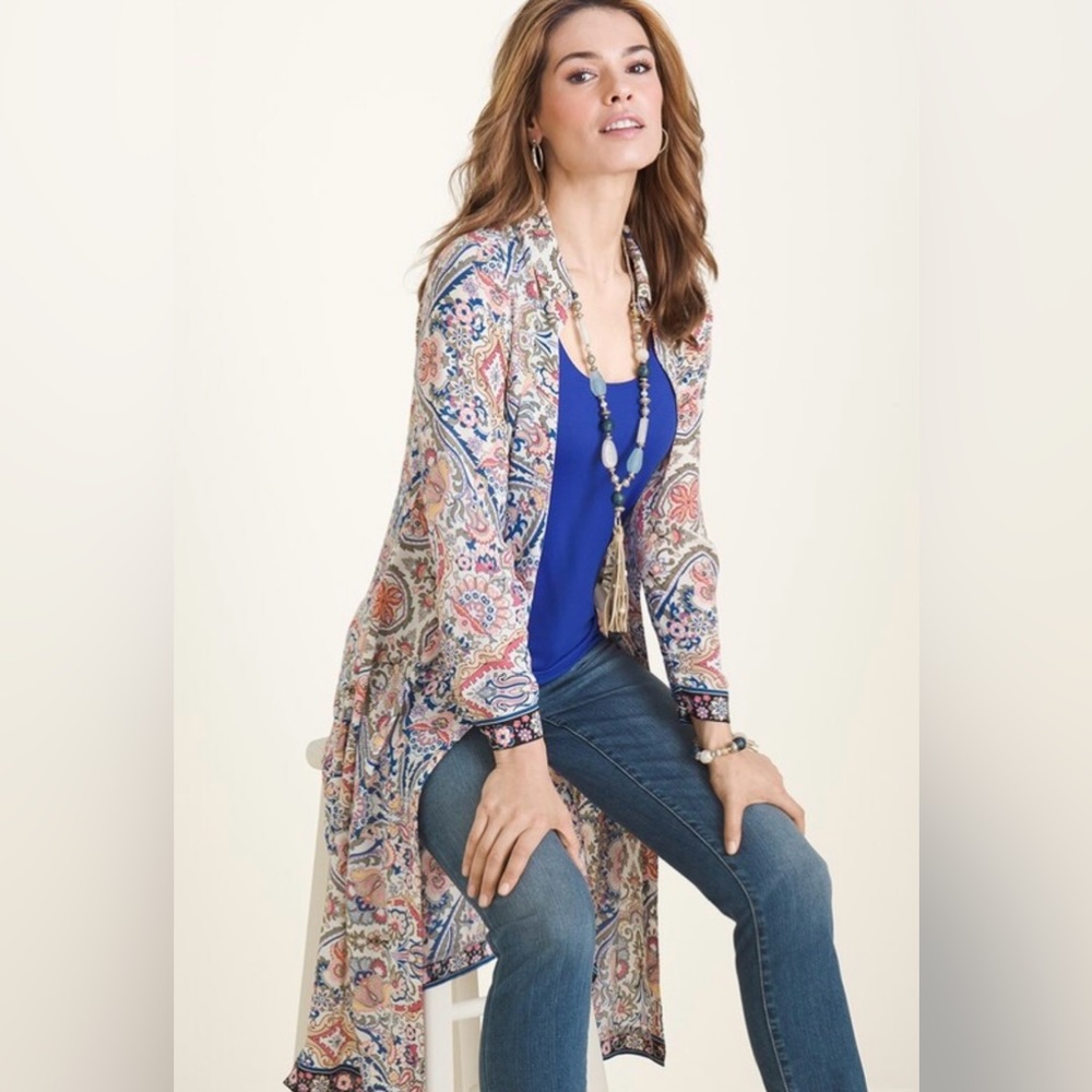 Chico’s Long Paisley Tunic Sz 3 Dress Duster Sweeping Effortless Office Casual